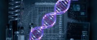 Digital DNA double helix structure with purple neon glow in futuristic laboratory setting for biotechnology research and genetic engineering concepts.