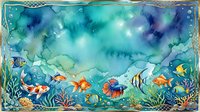 Underwater ocean scene with colorful tropical fish swimming among coral reefs and seaweed in turquoise blue watercolor style with decorative border frame.