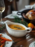 Creamy butternut squash soup garnished with fresh rosemary in white ceramic bowl, served with roasted chicken, carrots and white wine on rustic wooden table.