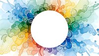 Vibrant watercolor rainbow splash with decorative swirls surrounding white circle frame for text or logo design on transparent background.