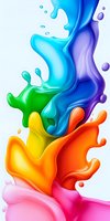 Dynamic rainbow colored liquid paint splash with flowing drops and waves on white background, suitable for creative design projects and advertising materials.