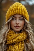 Young blonde woman wearing mustard yellow knitted beanie hat and scarf in autumn outdoor portrait for fashion and seasonal clothing concepts.