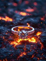 Diamond engagement ring glowing against dramatic fire and ember background with sparkling bokeh lights for luxury jewelry and romantic proposals.