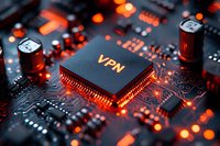 Glowing VPN processor on circuit board with orange light effects and electronic components, macro photography showing technology security concept.