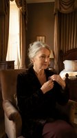 Elegant senior woman with silver hair sitting in luxurious vintage interior wearing dark velvet jacket. Sophisticated mature lady in classic home setting.
