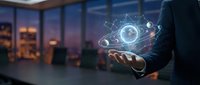 Businessman holding digital globe with network connections and data visualization in modern office at sunset, representing global technology and business innovation.