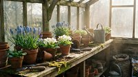 Rustic greenhouse interior with potted spring flowers and plants on wooden bench, gardening tools and terracotta pots creating cozy botanical workspace atmosphere.