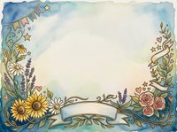 Watercolor floral frame with sunflowers, roses, lavender, and decorative stars on cream background. Blank banner space ideal for invitations, greeting cards, and design projects.