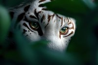 Piercing green eyes of white tiger peer through dark foliage, creating dramatic wildlife portrait with intense gaze and mysterious atmosphere.