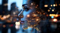 Double exposure portrait of young Asian woman merged with glowing night cityscape, illuminated by bokeh lights and neon reflections creating dreamy urban atmosphere.