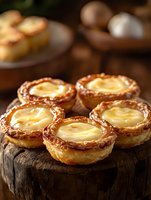 Traditional Portuguese egg custard tarts with crispy puff pastry and creamy filling served on rustic wooden surface in warm lighting, close up view.
