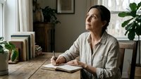 Middle-aged Caucasian woman writing in notebook at wooden table by window in cozy home office with plants, contemplative mood for journaling content.