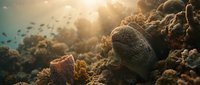 Vibrant coral reef ecosystem with diverse marine life and tropical fish swimming in crystal clear ocean waters with golden sunlight filtering through.