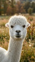 White llama with fluffy wool coat looking directly at camera in natural meadow setting with blurred forest background, suitable for wildlife and animal portraiture projects.