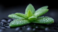 Fresh green succulent leaves covered with morning dew drops on dark background, macro photography showing water droplets on plant surface in zen atmosphere.