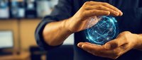 Businessman hands protecting glowing digital globe with network connections in modern office environment for technology and global business concepts.