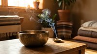 Brass singing bowl with incense smoke on wooden table in cozy living room with warm sunlight streaming through window creating peaceful meditation atmosphere.