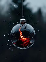 Cracked glass Christmas ball ornament with glowing red lava-like substance inside against dark winter background with falling snow, creating dramatic contrast.