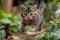 Adorable tabby kitten with striped fur exploring lush green garden foliage, curious expression and bright eyes perfect for pet care and animal content.