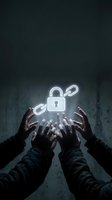 Multiple hands reaching toward glowing neon padlock and chain symbols against dark textured background, representing cybersecurity, data protection, and digital safety concepts for technology and security applications.