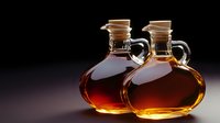 Two elegant glass bottles with cork stoppers filled with amber liquid on dark background for culinary and gourmet cooking applications.