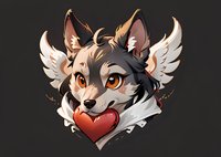Cute cartoon wolf character with angel wings holding red heart in mouth against dark background, perfect for gaming mascot, sticker or merchandise design.