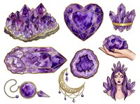 Amethyst crystal clusters and geode formations in purple tones with gold accents, isolated on white background. Suitable for jewelry design, mystical artwork, and decorative applications.