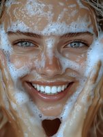 Close up portrait showing bright smile and blue eyes with foam cleanser on face during skincare routine, expressing joy and freshness in beauty concept.