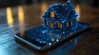 Glowing blue hologram house emerging from smartphone screen on wooden surface with luminous particles and network connections for smart home technology concept.