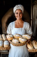 Young woman in white dress and turban holding fresh bread basket at rustic bakery. Traditional artisanal baking with homemade sourdough loaves on wooden shelves.