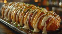Japanese takoyaki octopus balls with creamy sauce and green onions on dark plate, traditional street food appetizer for restaurant menus and culinary blogs.