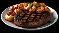 Grilled beef steak with sauteed shrimp and fresh herbs on white plate against dark background, surf and turf dinner with grill marks and juicy texture.