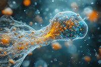 Microscopic view of glowing orange and blue cellular structure with luminescent particles floating in dark background, showing biological processes.