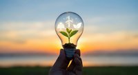 Hand holding light bulb with green plant and wind turbine inside against sunset sky representing renewable energy and sustainable innovation concepts.