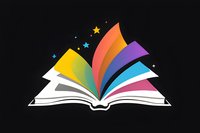 Open book with colorful rainbow pages flying up and sparkling stars on black background, magical reading concept for education and storytelling.