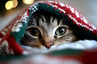 Curious cat peeking out from under red and green Christmas sweater or blanket with traditional winter pattern, close up view of expressive green eyes.