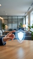 Businessman hand protecting glowing digital security shield icon in modern office environment representing cybersecurity and data protection services.