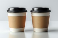 Two disposable coffee cups with brown sleeves and black lids on white surface against light background. Clean minimal composition for cafe and takeaway concepts.