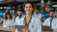 Young female doctor smiling with tablet in modern hospital conference room with medical team colleagues in background for healthcare presentations.