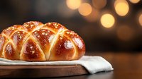 Fresh baked round braided bread loaf with glossy crust and sesame seeds on wooden board against blurred warm bokeh lights background.
