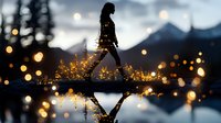 Young woman walking at dusk with magical bokeh lights reflecting in water, silhouette against mountain landscape creates dreamy atmospheric mood for lifestyle content.