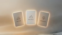Nature, balance, and harmony concept represented by three illuminated rounded rectangle panels with minimalist line icons and text, glowing against neutral background for wellness, lifestyle, and mindfulness design use.