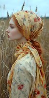Young woman with fair skin and long reddish-copper hair wearing a yellow floral headscarf and matching shawl in a wheat field. Serene portrait for lifestyle and fashion use.