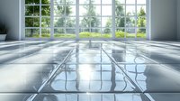 Sunlit modern interior with reflective glass floor tiles creating mirror effect, bright panoramic windows overlooking green garden landscape. Natural daylight streams across polished surface.