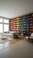 Modern home library with floor-to-ceiling rainbow bookshelf, comfortable seating area and natural light for reading and relaxation.