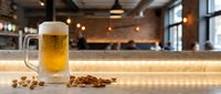 Fresh golden beer in glass mug with foam on wooden bar counter with peanuts in modern brewery pub interior with warm lighting and brick walls.