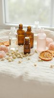 Natural skincare essential oils in amber and clear glass bottles with dried flowers and orange slices on white wooden surface for aromatherapy wellness.