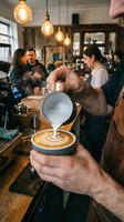 Skilled barista pouring steamed milk to create latte art in a rustic coffee shop with warm Edison bulb lighting and busy cafe background.