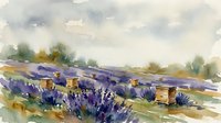 Watercolor painting of lavender field with wooden beehives, purple flowers blooming in countryside landscape with soft brushstrokes and natural colors.