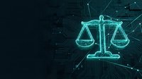 Digital justice scales glowing in cyan light with circuit board patterns and network connections on dark background for legal technology concepts.